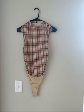 Lulu's Sleeveless Plaid Bodysuit in Beige and Pink